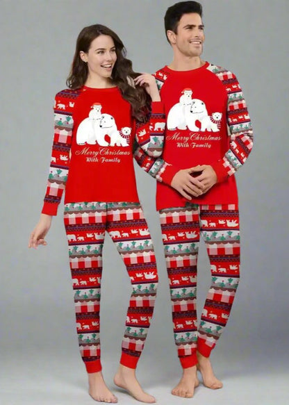 Matching family holiday pajamas with polar bear and Santa Claus patterns, perfect for Christmas mornin