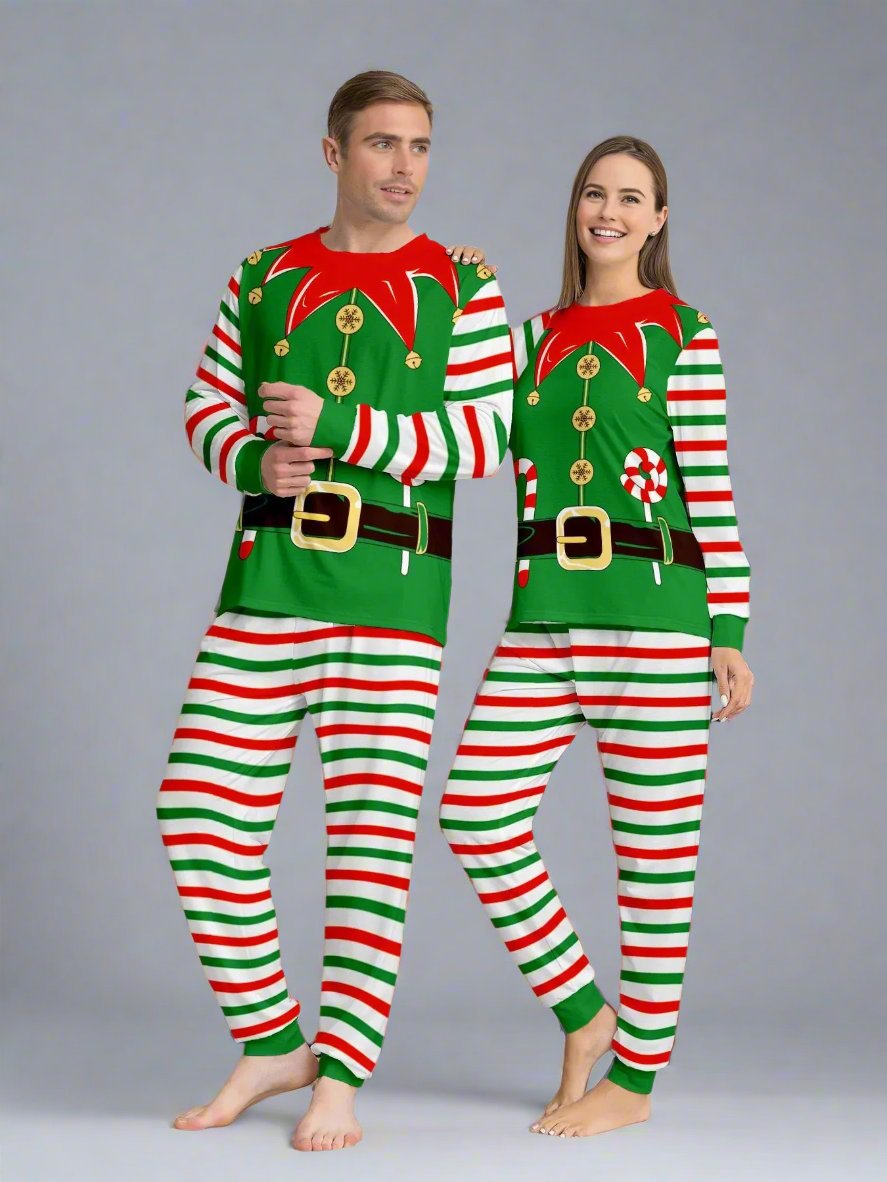 Matching family elf-themed pajamas with festive red, green, and white stripes, ideal for holiday photos