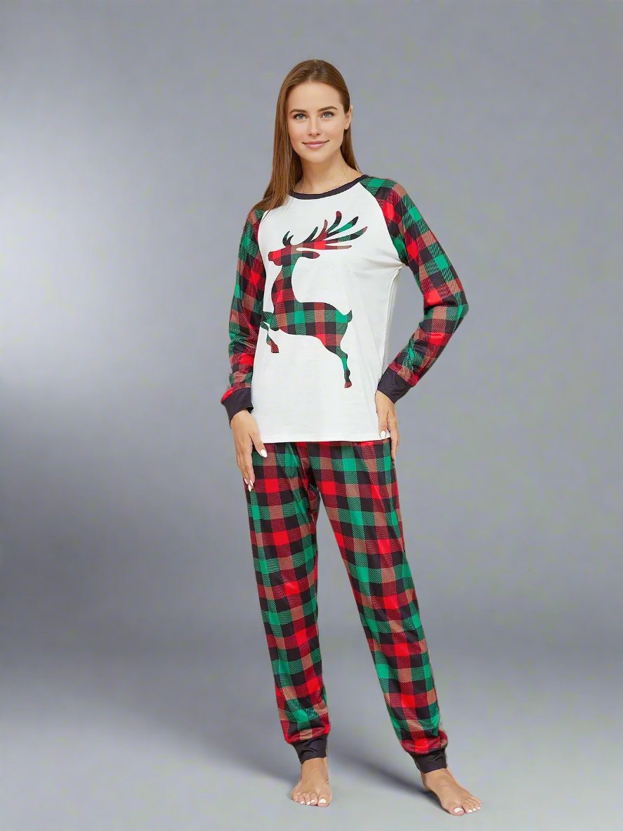 Matching family pajamas set with plaid pattern and reindeer print, cozy Christmas sleepwear