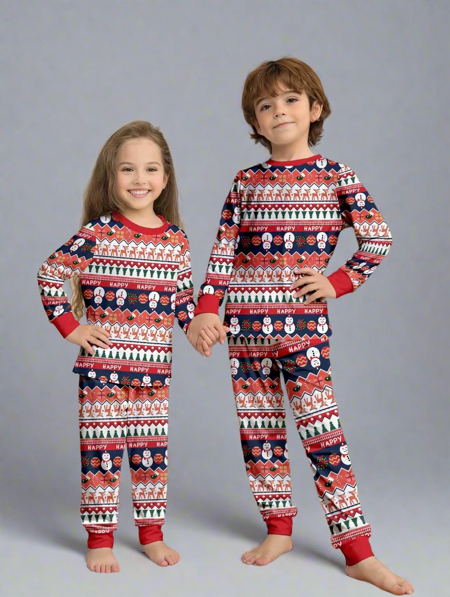 Matching family pajamas with festive Santa and reindeer pattern, perfect for Christmas celebrations