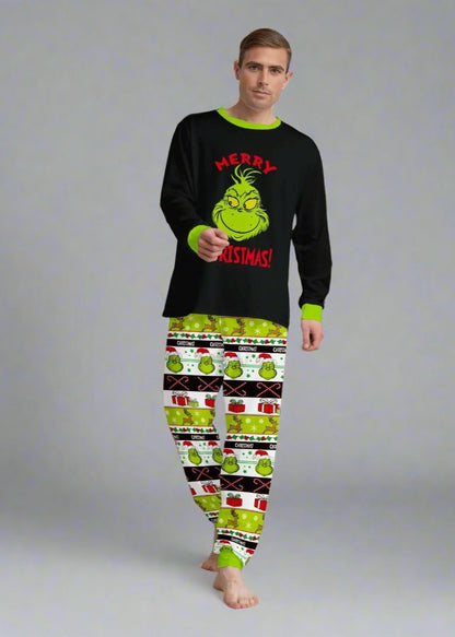 Black and green Grinch family pajama set, perfect for Christmas celebrations and photo