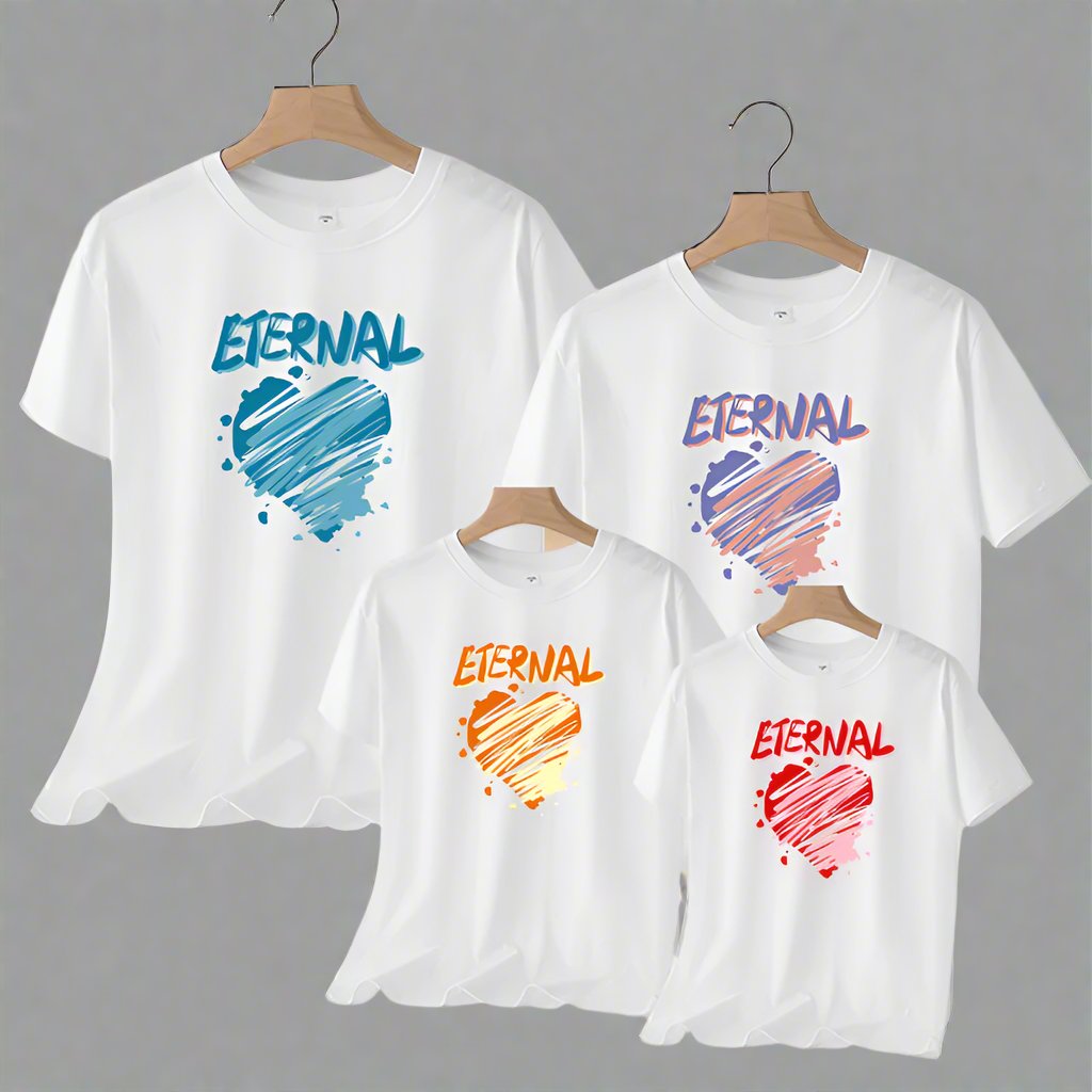 Colorful heart 'Eternal' family shirts, ideal for showing family unity