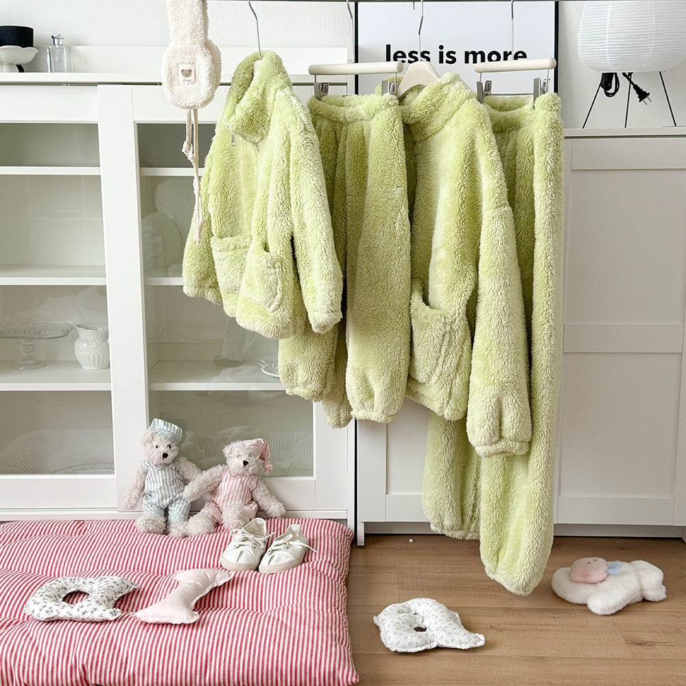 Comfy and stylish matching loungewear for moms and kids in soft fuzzy fabric, perfect for winter and lounging at home