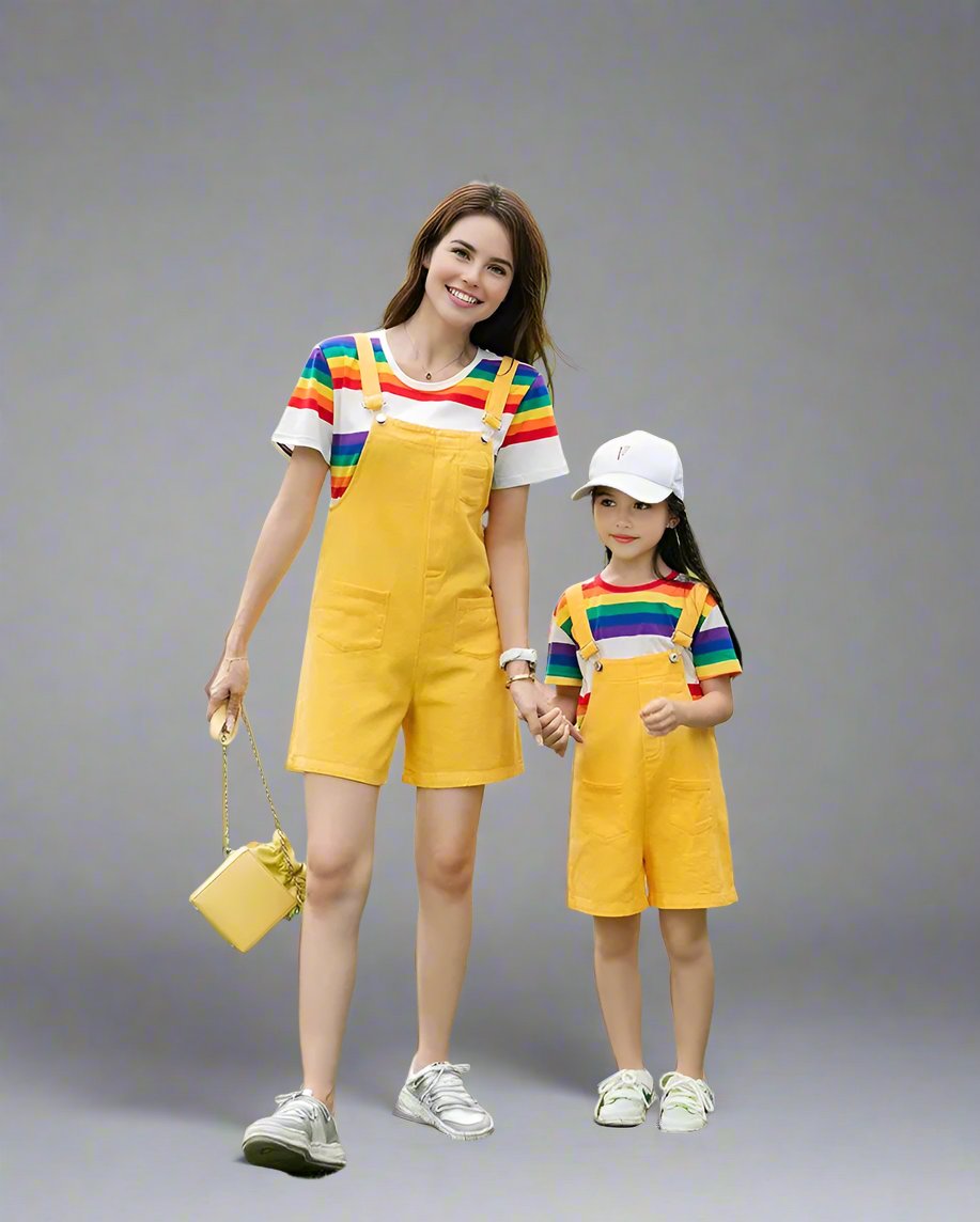 Vibrant family summer outfits with rainbow-striped shirts and yellow accents, ideal for family outings