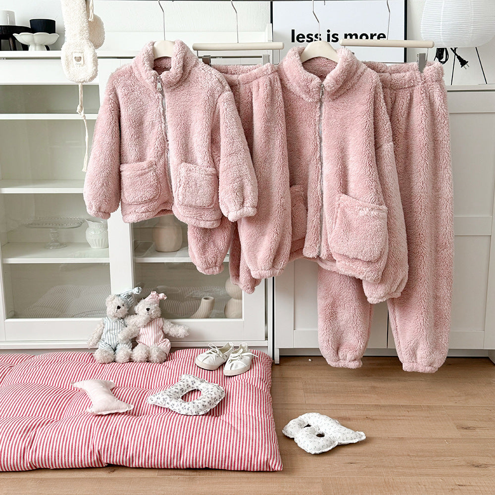 Matching pastel loungewear sets for mother and child, available in soft pink, cream, light blue, and black colors