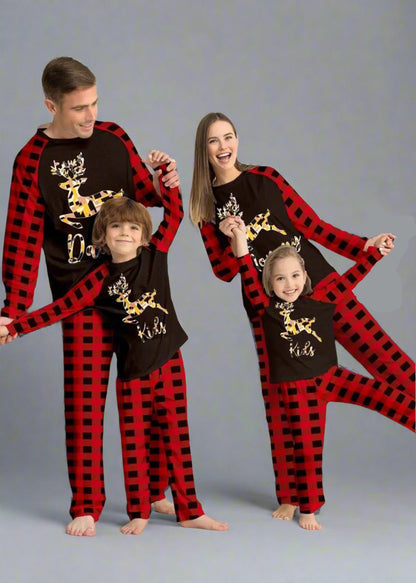 Cozy Christmas pajamas for family featuring buffalo plaid pattern and reindeer design, ideal for festive celebrations