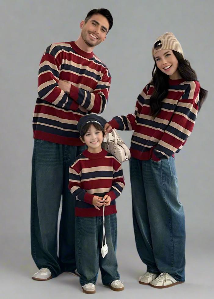 Striped knit sweater in red, navy, and beige, a perfect addition to matching family outfits