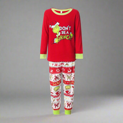 Festive family Christmas pajamas in red with Grinch and 'Don't Be a Grinch' message