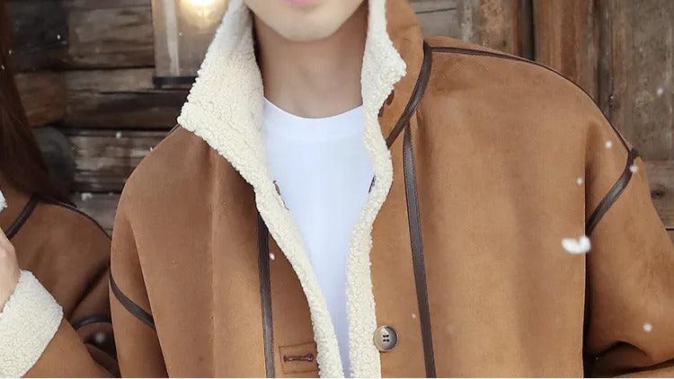 Family dressed in warm brown shearling winter coats with cream lining, enjoying a snowy holiday outdoors.