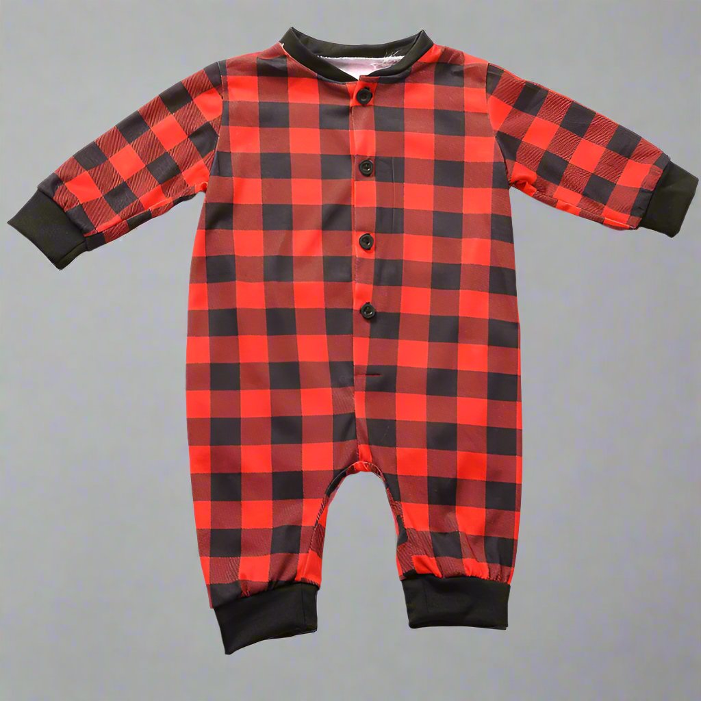 Cozy family Christmas onesies in red plaid for holiday matchin