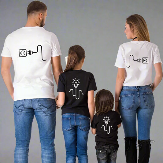 Power plug and light bulb themed family shirts; parents wear plug design, kids wear light bulb, symbolizing connection