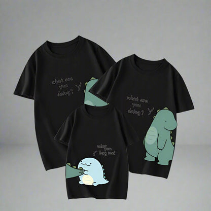 Colorful family matching dinosaur shirts with hugging design, perfect for parents and kids