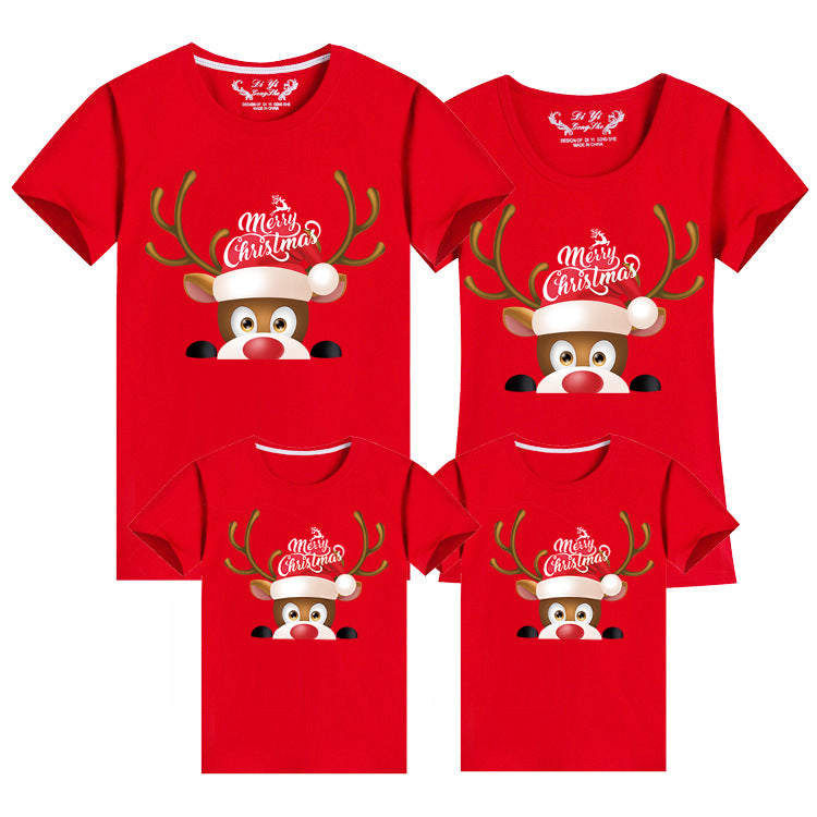 Red matching family shirts for Christmas showcasing a cute reindeer with antlers and Santa hat