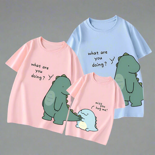 Family matching shirts with cute dinosaur designs and 'What are you doing?' quote