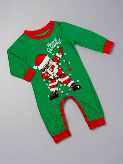 Fun and festive family Christmas pajama set with a dabbing Santa print and holiday motifs