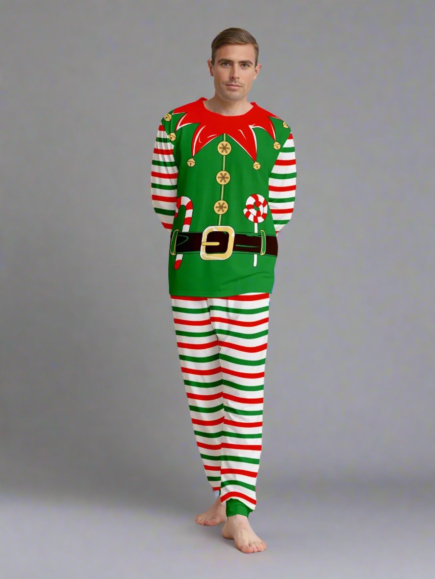 Parents and kids in matching elf Christmas pajamas with belt and bell details, perfect for festive gatherings