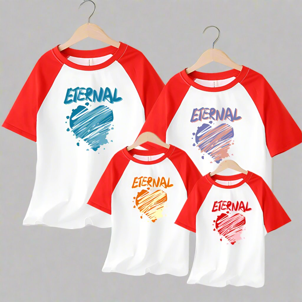 Family matching shirts with 'Eternal' text and colorful heart designs