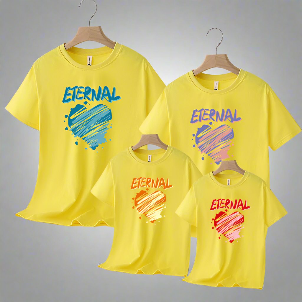 Matching family t-shirts with 'Eternal' message and vibrant heart graphics