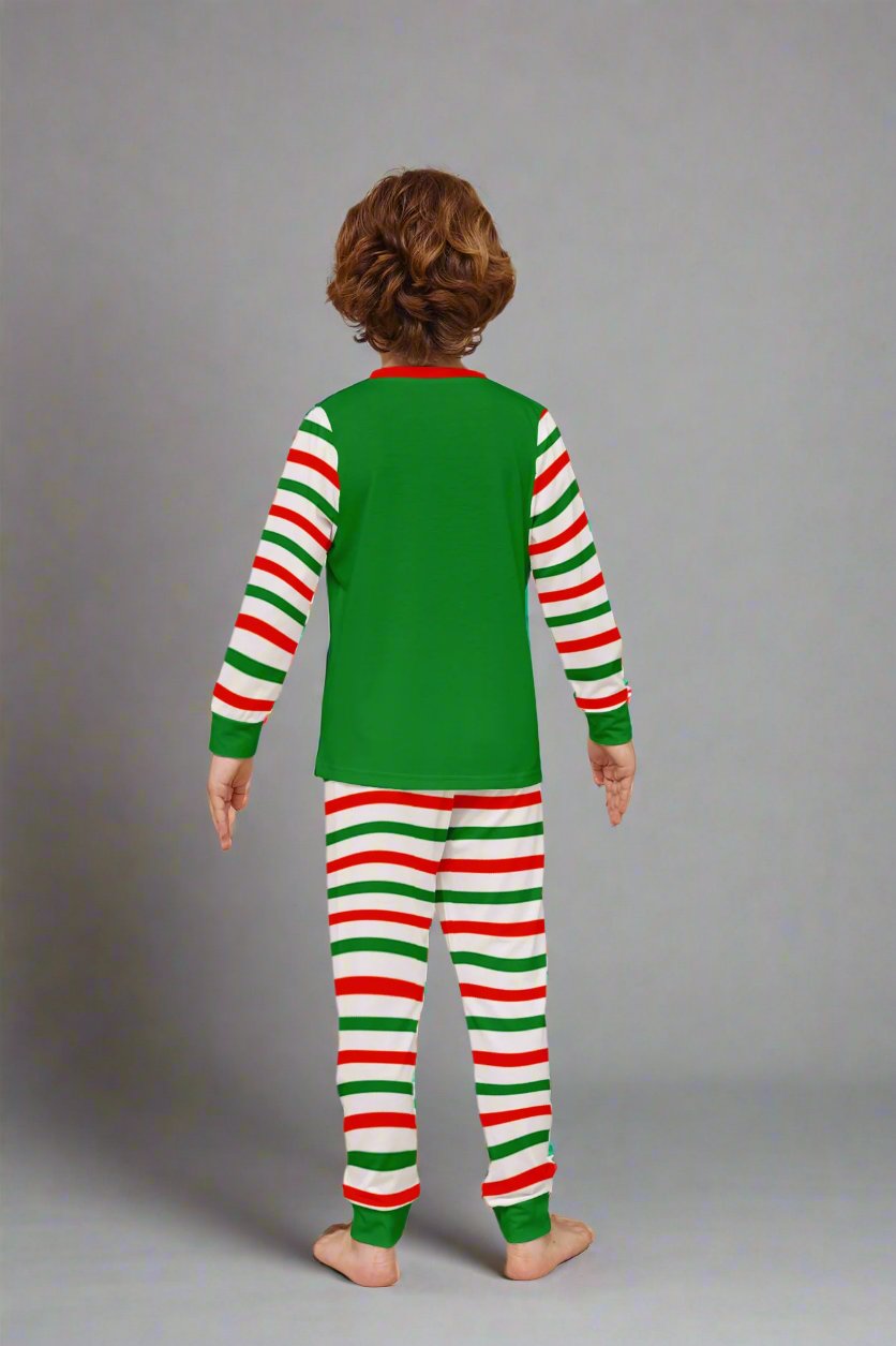 Holiday elf pajamas for family with striped pattern and festive design, ideal for Christmas morning