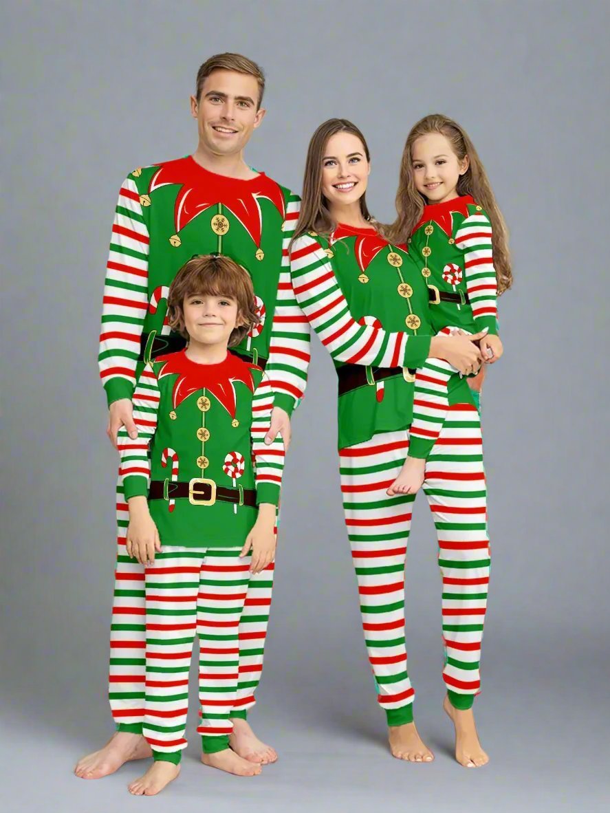 Family in matching elf costume pajamas with red and green striped pattern, perfect for Christmas