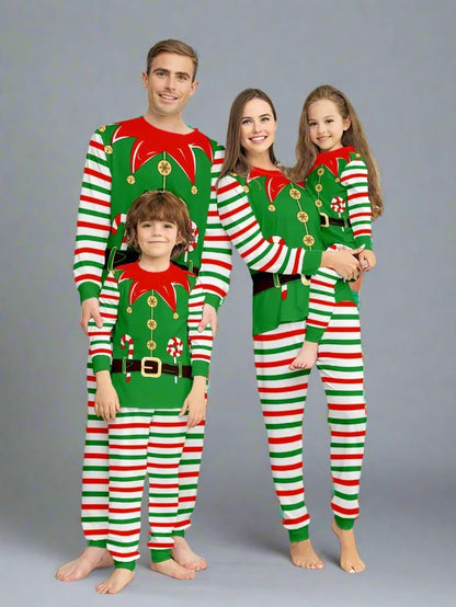 Family in matching elf costume pajamas with red and green striped pattern, perfect for Christmas