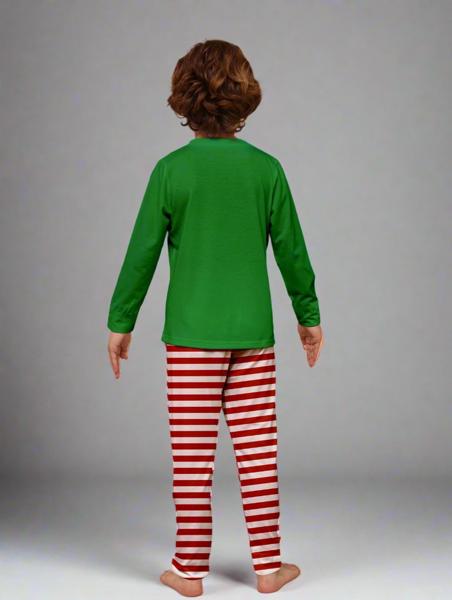 Fun Christmas elf-themed family pajamas with green tops and candy cane striped pants