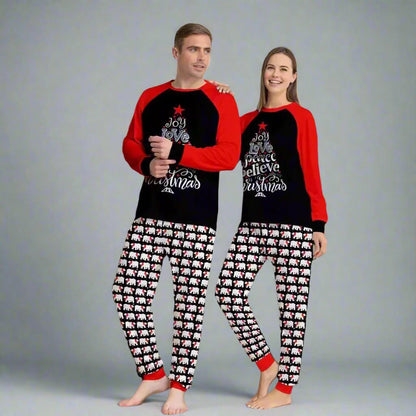 Black and red Christmas pajama set for families featuring holiday-inspired designs and polar bear pants