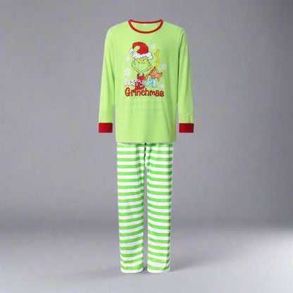 Holiday family pajamas with Grinch character, candy cane, and snowflake pattern