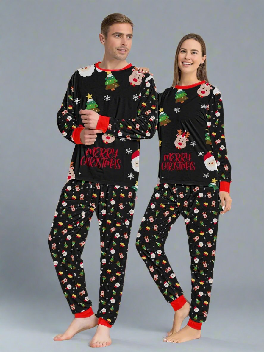 Matching family Christmas pajamas in red, white, and black with Santa, reindeer, and holiday tree prints