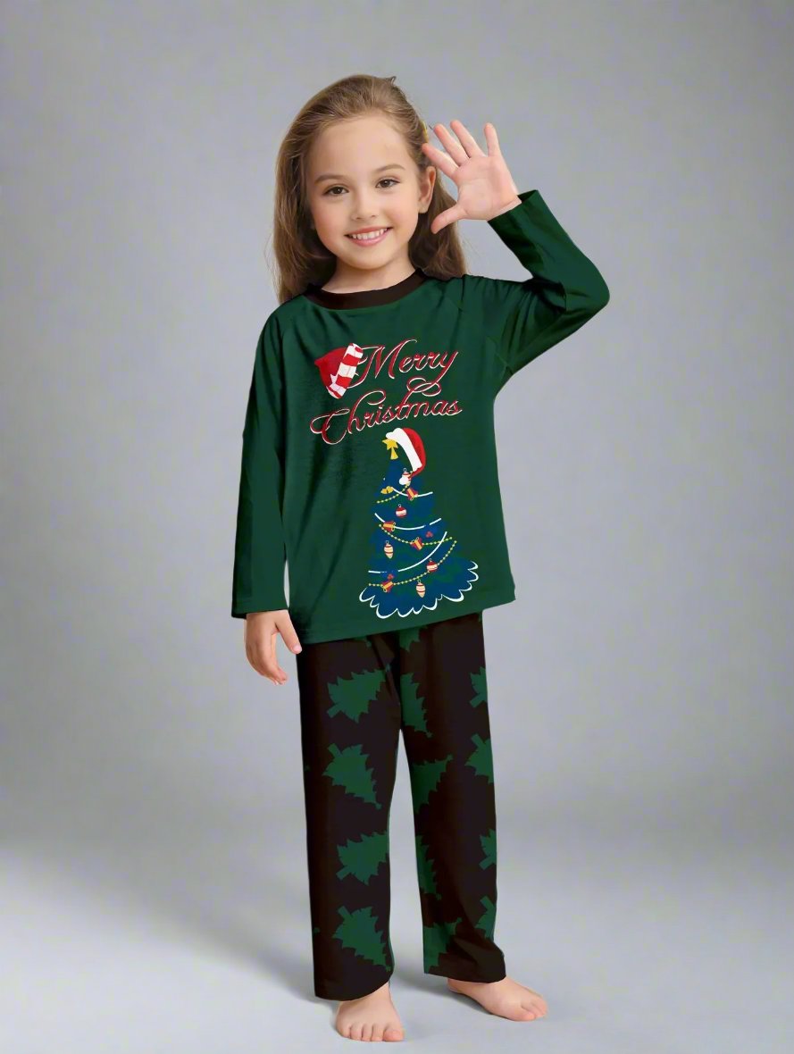 Matching family Christmas pajamas set with green and black tree pattern for festive holiday photos