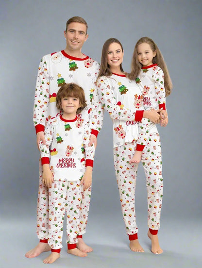 Coordinated Christmas pajamas for family with Santa and holiday designs in red, white, and black colors