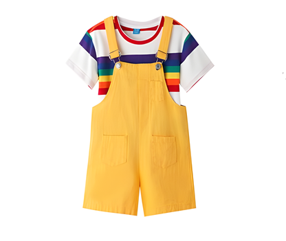 Family in coordinated rainbow-striped outfits with yellow overalls and shorts, a cheerful look for summer