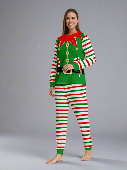 Christmas pajamas for family featuring elf costume design, green tops, and red-green striped bottoms