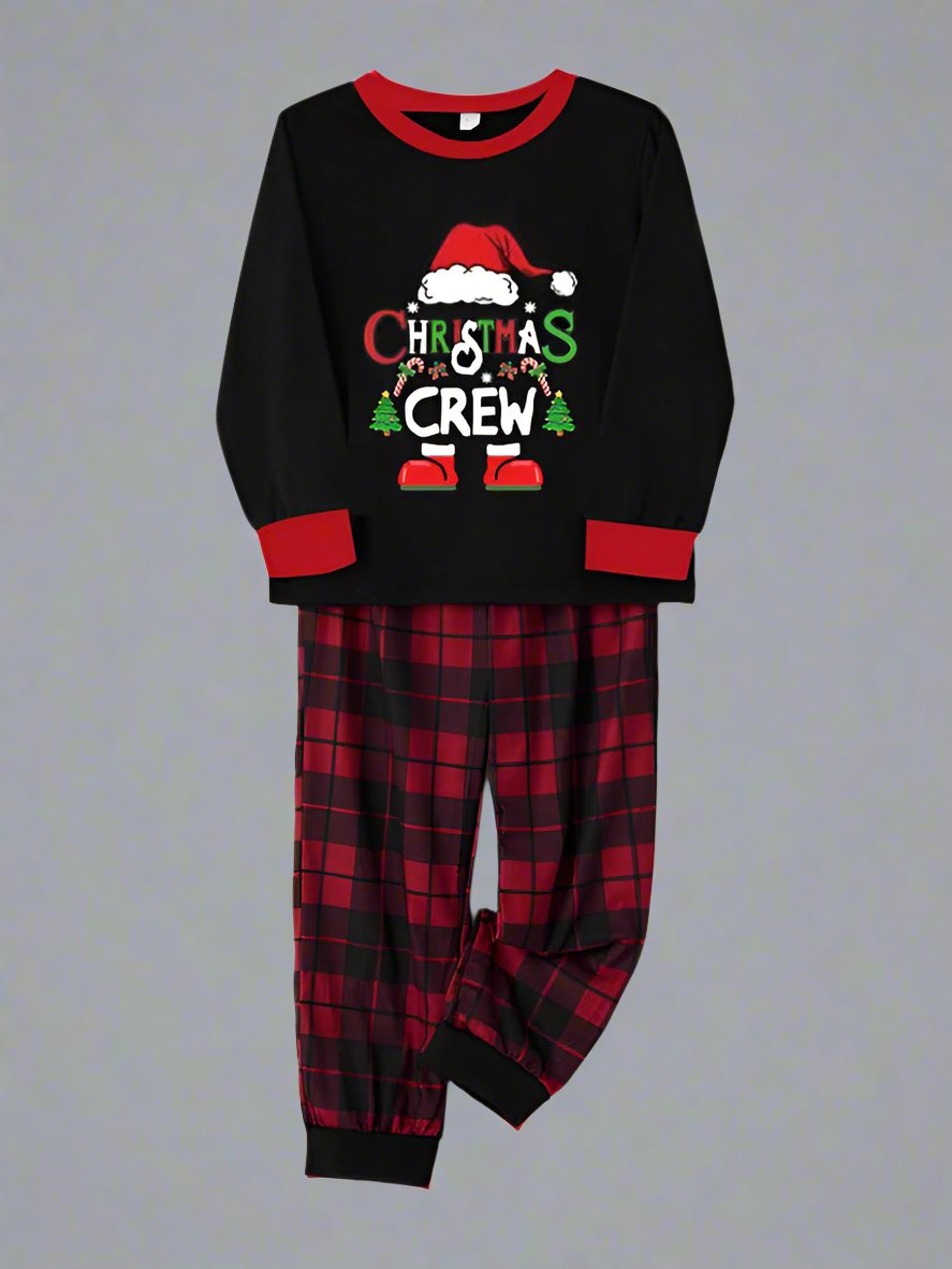 Holiday family pajama set with Christmas Crew theme, black shirts, and plaid pants