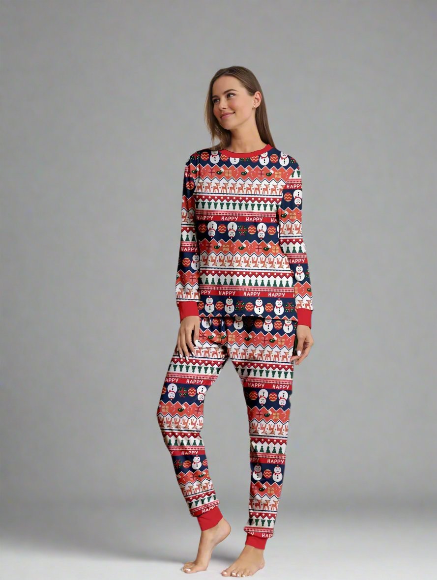 Cozy family holiday pajamas with 'Happy' text, Santa, reindeer, and snowflake design