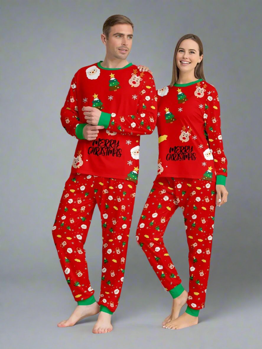 Holiday pajamas for family in matching colors with Christmas-themed designs, including Santa, reindeer, and holiday trees