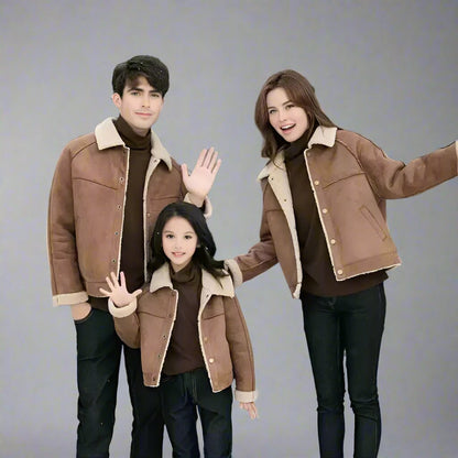 Family wearing matching brown shearling jackets and dark pants, posing outdoors in a snowy winter setting with evergreen tree