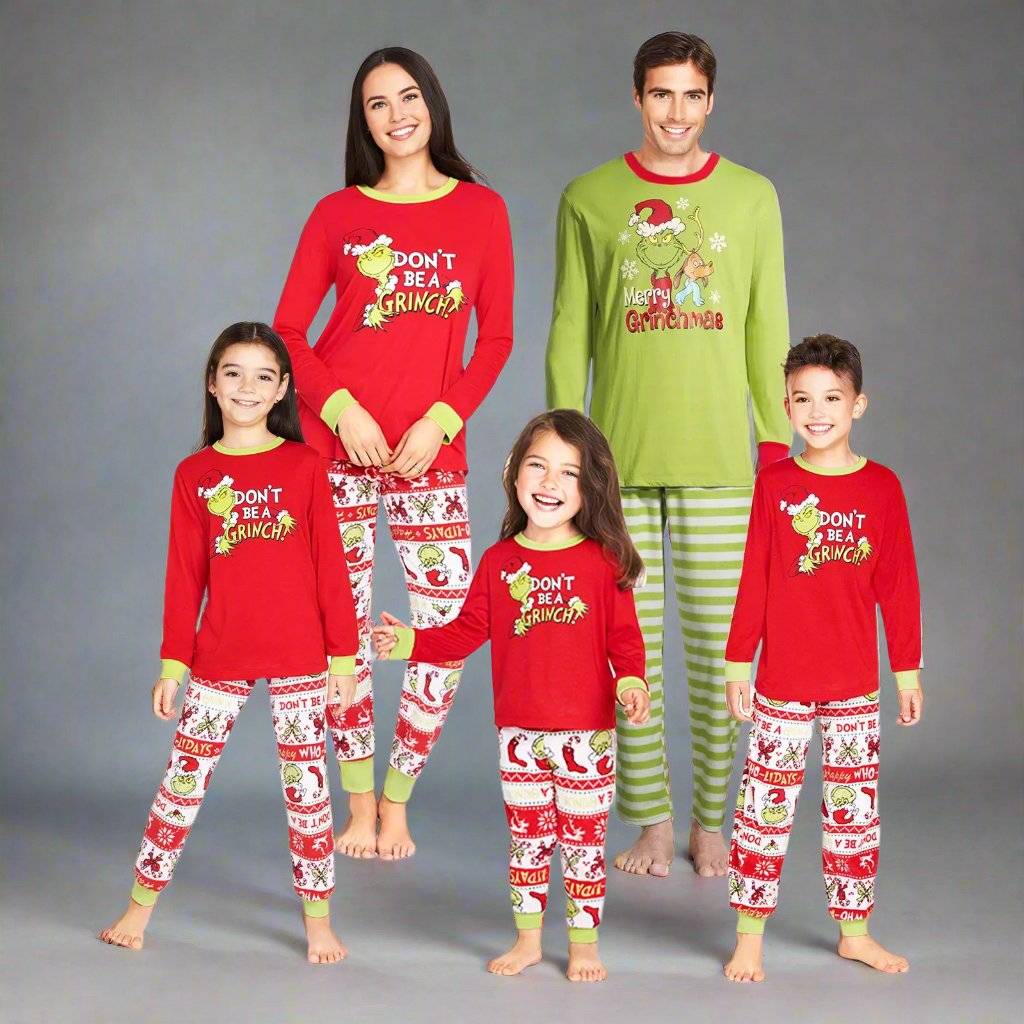 Matching family Christmas pajamas with 'Don't Be a Grinch' and 'Merry Grinchmas' designs