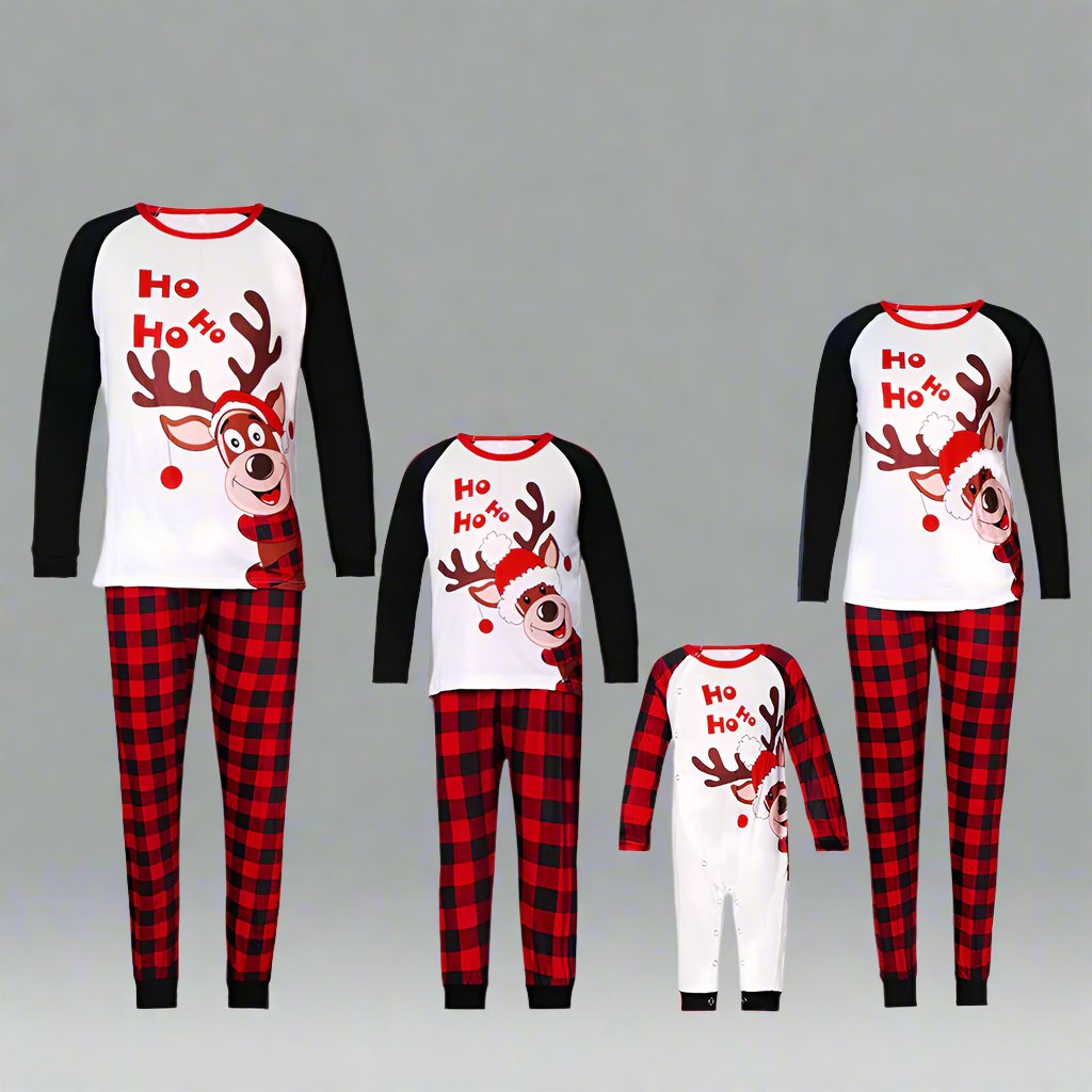 Matching family Christmas pajamas with 'Ho Ho Ho' reindeer design and red plaid pants