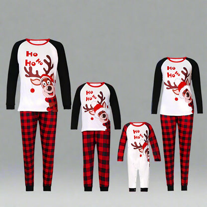 Matching family Christmas pajamas with 'Ho Ho Ho' reindeer design and red plaid pants