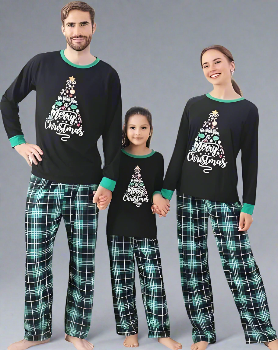 Matching family Christmas pajamas with 'We Wish You a Merry Christmas' design and green plaid pants