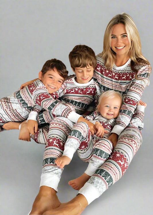 Matching family Christmas pajamas with Nordic red and green pattern for holiday photos