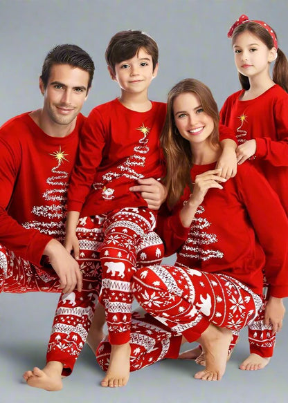 Matching family Christmas pajamas with red Christmas tree design and Nordic polar bear pants