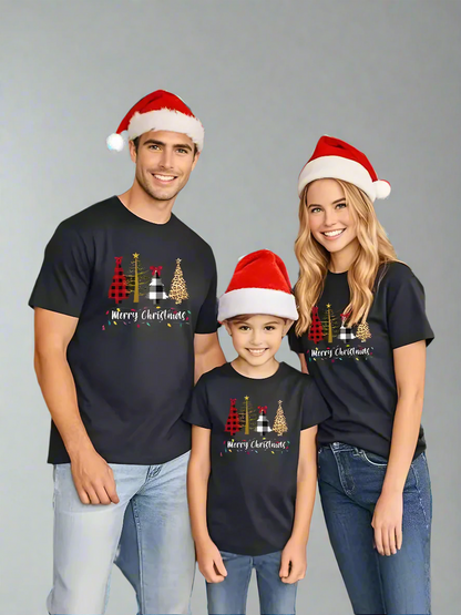 Matching Christmas family t-shirts with holiday tree prints and Merry Christmas text