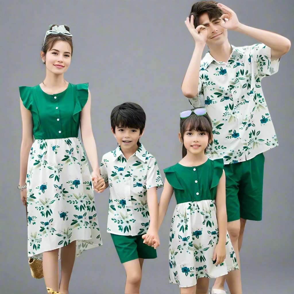 Family wearing matching green and white floral outfits, perfect for coordinated summer looks