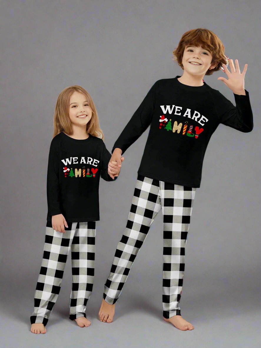 We Are Family-themed matching Christmas pajamas, perfect for family holiday celebrations