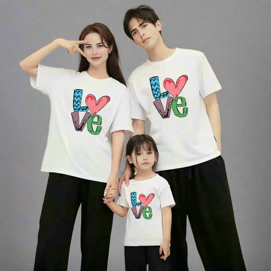 Family matching shirts with bold LOVE design in blue, red, white, and black colors