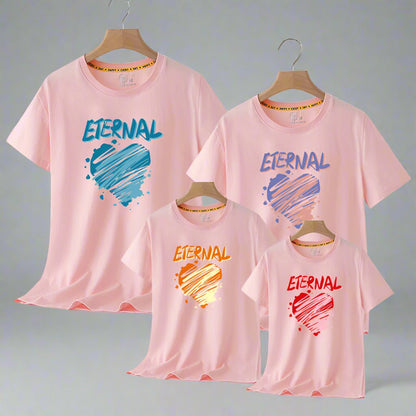 Eternal themed family shirts featuring colorful hearts, perfect for matching outfits