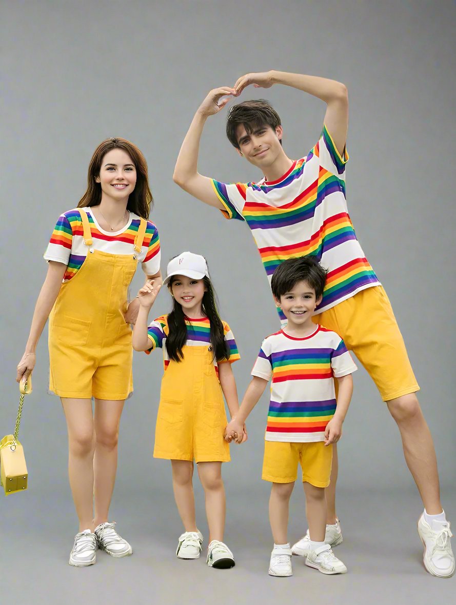 Family in matching rainbow-striped tops and yellow bottoms, perfect for a vibrant summer day