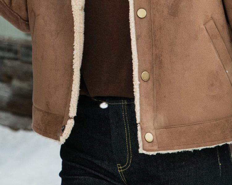 Family outfit inspiration featuring brown shearling jackets and matching dark jeans, perfect for winter photoshoot